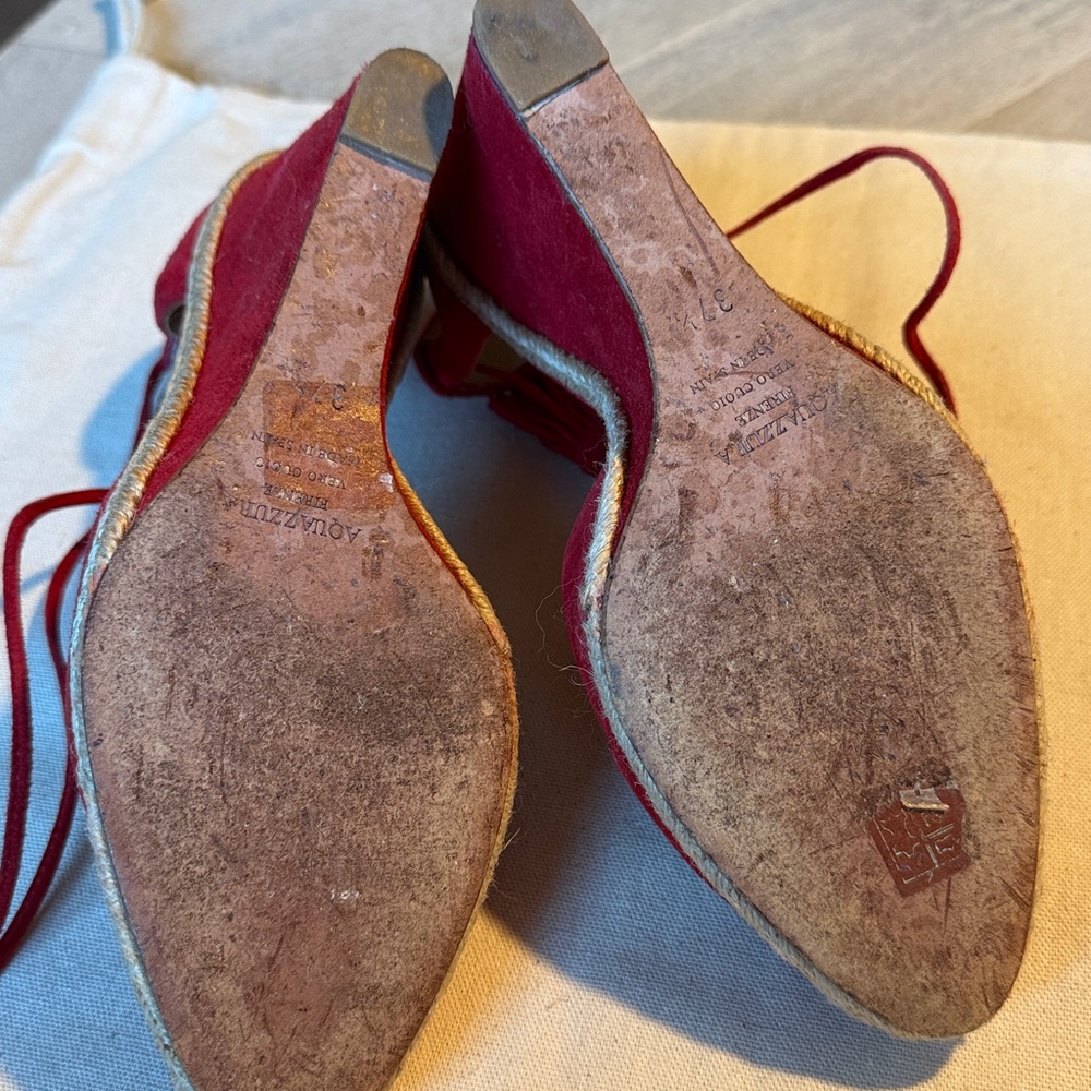AQUAZZURA Sunshine Pompom Red Suede Wedge Sandal Espadrille US 7/7.5 / EU 37.5 - Picture 10 of 10